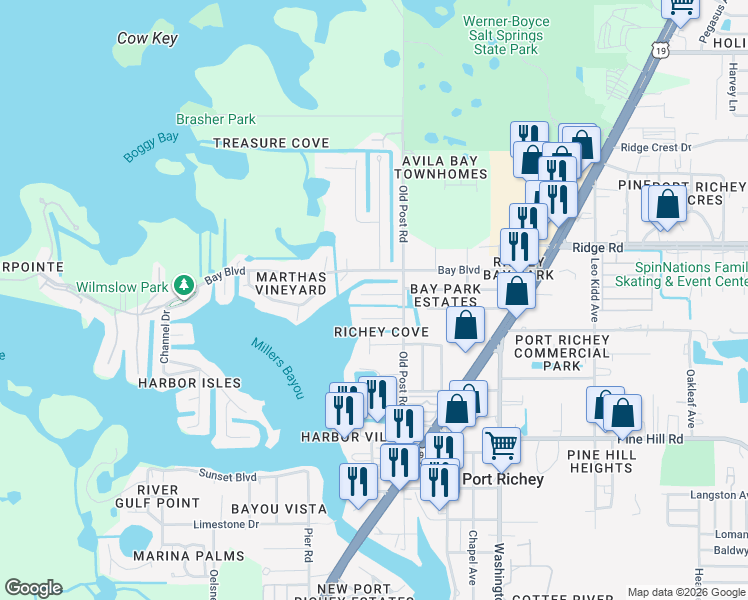 map of restaurants, bars, coffee shops, grocery stores, and more near 5411 Bluepoint Drive in Port Richey