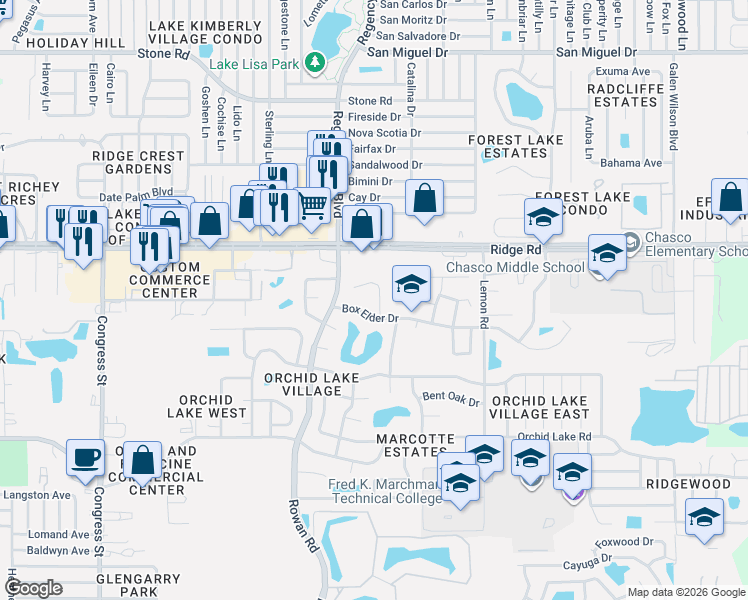 map of restaurants, bars, coffee shops, grocery stores, and more near 8321 Briarleaf Court in Port Richey