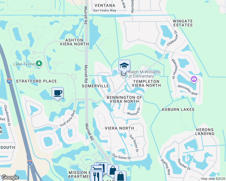 map of restaurants, bars, coffee shops, grocery stores, and more near 4910 Somerville Drive in Rockledge