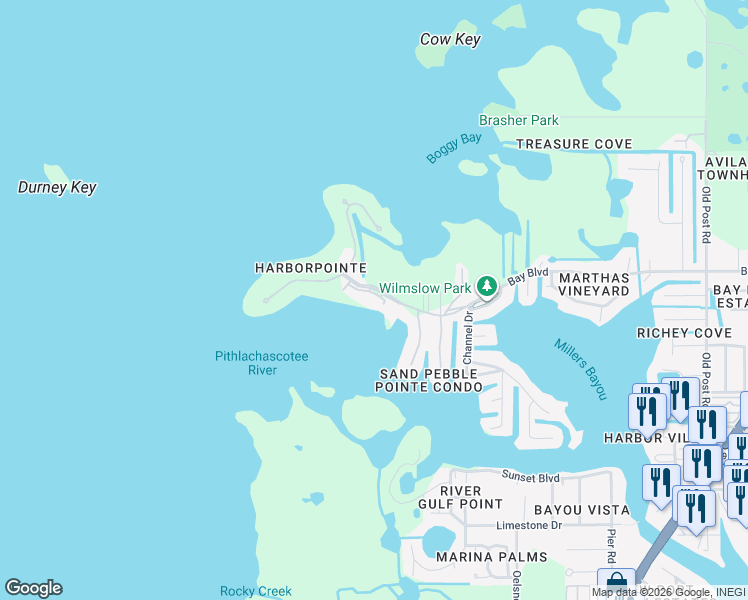 map of restaurants, bars, coffee shops, grocery stores, and more near 4620 Bay Boulevard in Port Richey