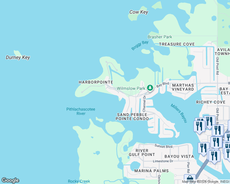 map of restaurants, bars, coffee shops, grocery stores, and more near 4620 Bay Boulevard in Port Richey