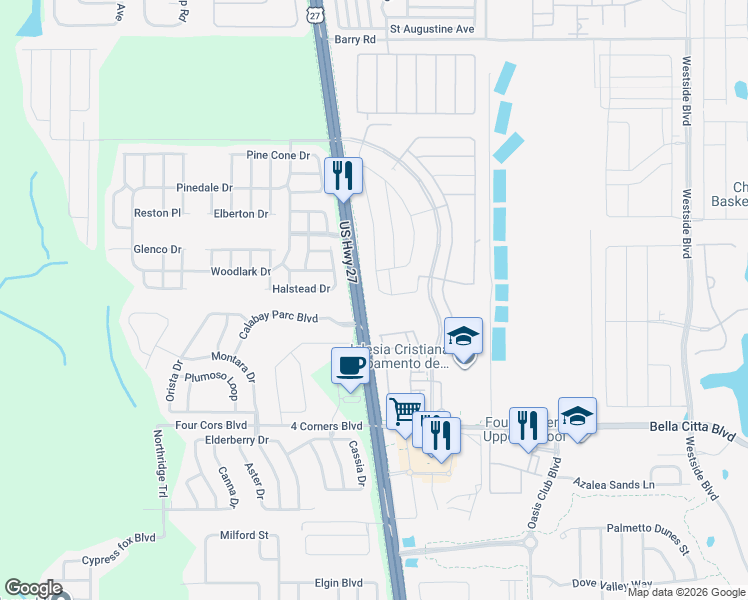 map of restaurants, bars, coffee shops, grocery stores, and more near 2960 Bella Vista Drive in Davenport