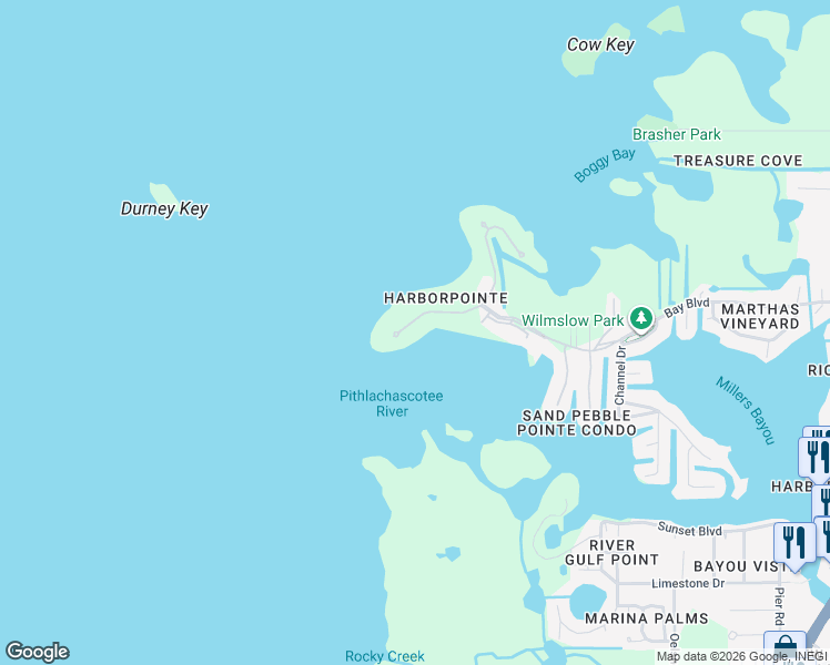 map of restaurants, bars, coffee shops, grocery stores, and more near 4348 Harborpointe Drive in Port Richey