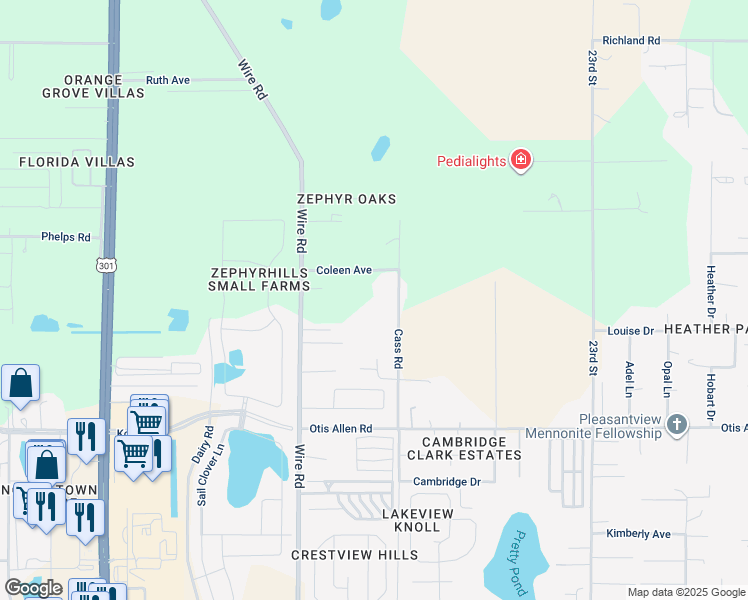 map of restaurants, bars, coffee shops, grocery stores, and more near 8321 Cass Road in Zephyrhills
