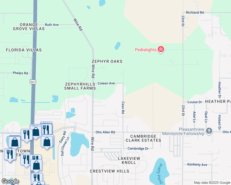 map of restaurants, bars, coffee shops, grocery stores, and more near 8321 Cass Road in Zephyrhills