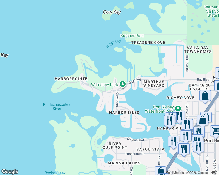 map of restaurants, bars, coffee shops, grocery stores, and more near Bay Boulevard in Port Richey