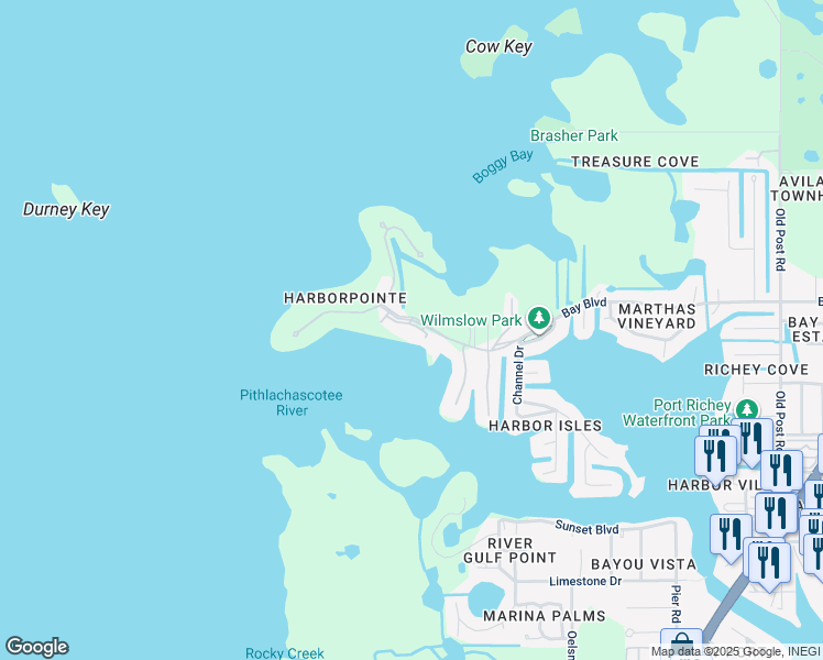 map of restaurants, bars, coffee shops, grocery stores, and more near 4620 Bay Boulevard in Port Richey