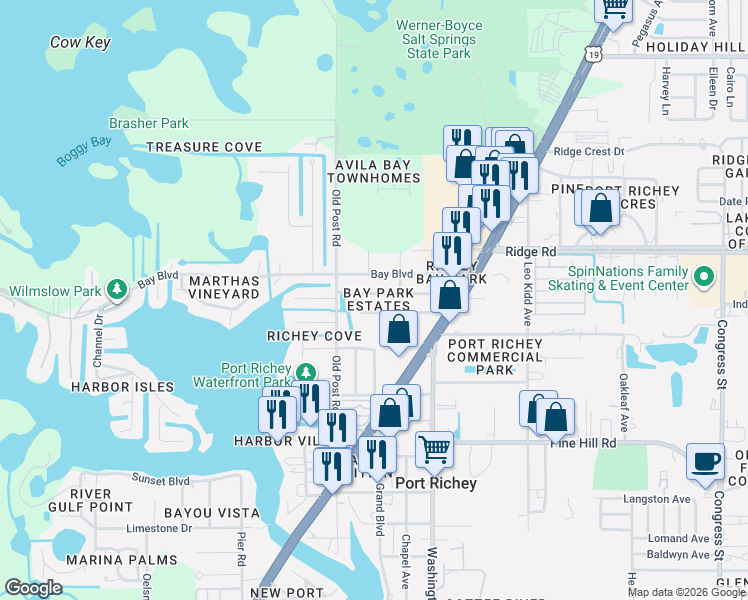 map of restaurants, bars, coffee shops, grocery stores, and more near 5602 Berlin Drive in Port Richey