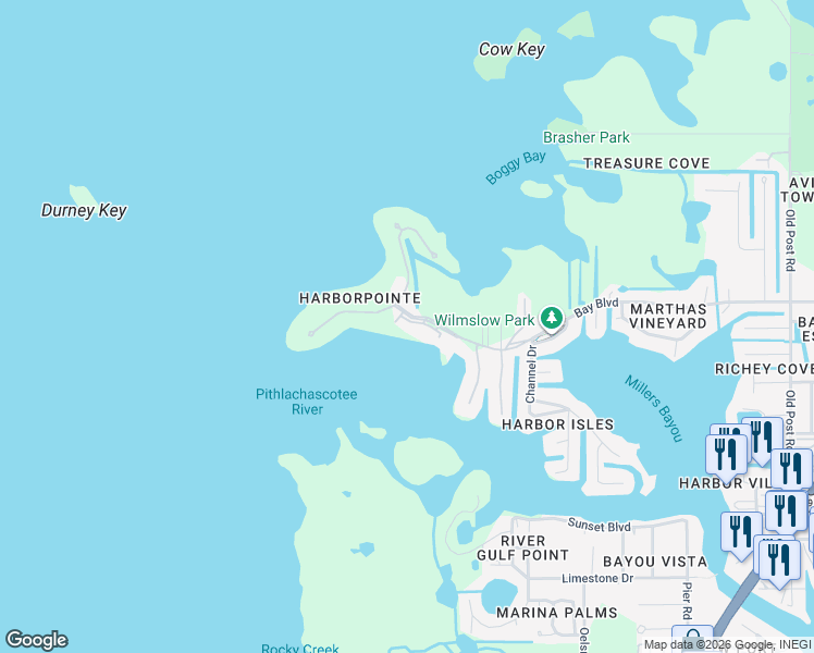 map of restaurants, bars, coffee shops, grocery stores, and more near 4620 Bay Boulevard in Port Richey