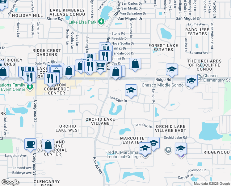 map of restaurants, bars, coffee shops, grocery stores, and more near 7122 Box Elder Drive in Port Richey
