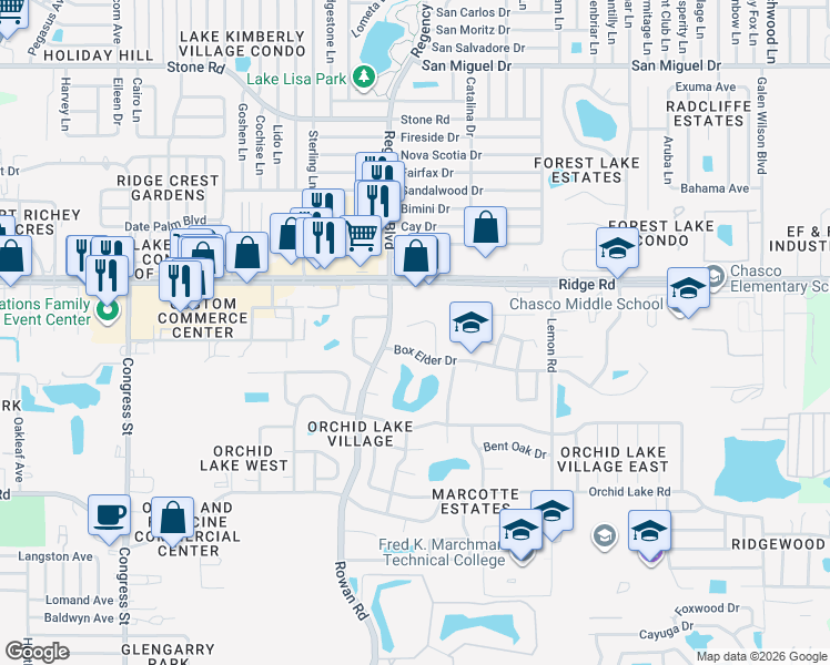 map of restaurants, bars, coffee shops, grocery stores, and more near 8415 Briarleaf Court in Port Richey