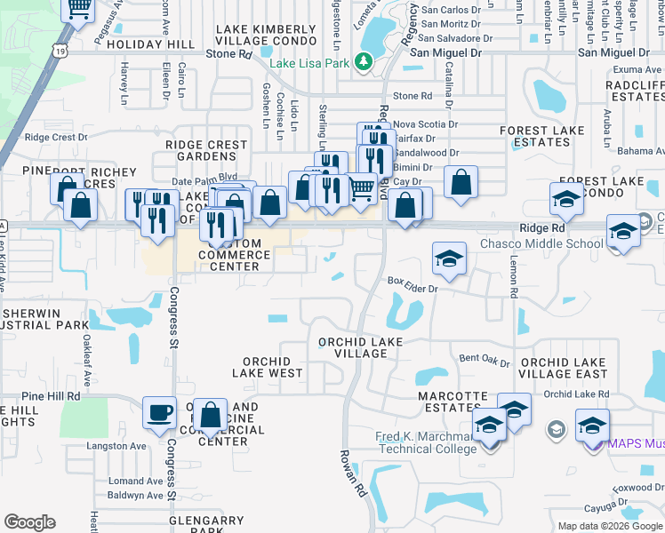 map of restaurants, bars, coffee shops, grocery stores, and more near 8356 Journet Boulevard in Port Richey