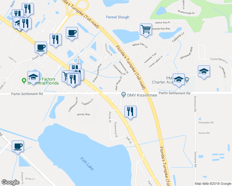 map of restaurants, bars, coffee shops, grocery stores, and more near Partin Settlement Road in Kissimmee