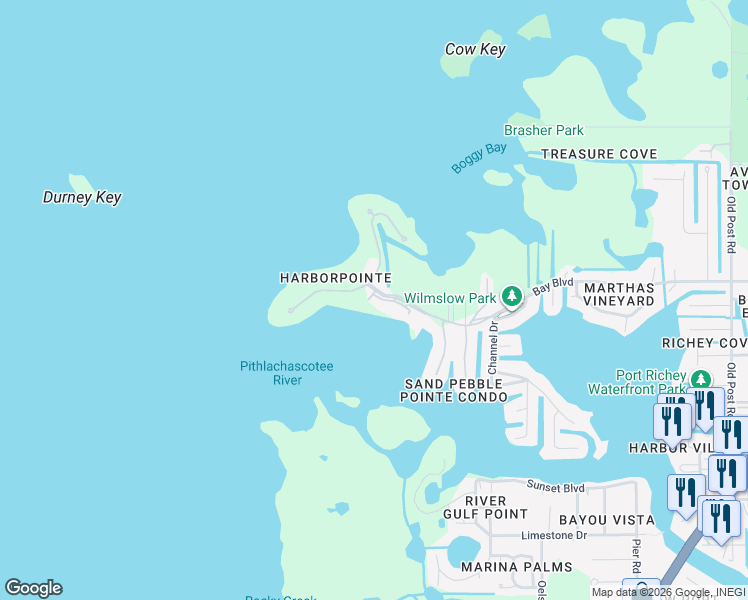 map of restaurants, bars, coffee shops, grocery stores, and more near 4550 Bay Boulevard in Port Richey