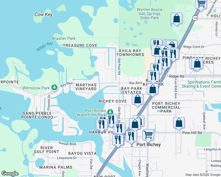 map of restaurants, bars, coffee shops, grocery stores, and more near 5414 Bay Boulevard in Port Richey