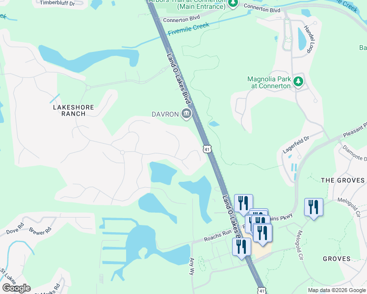 map of restaurants, bars, coffee shops, grocery stores, and more near 8328 Auburn Rise Court in Land O' Lakes