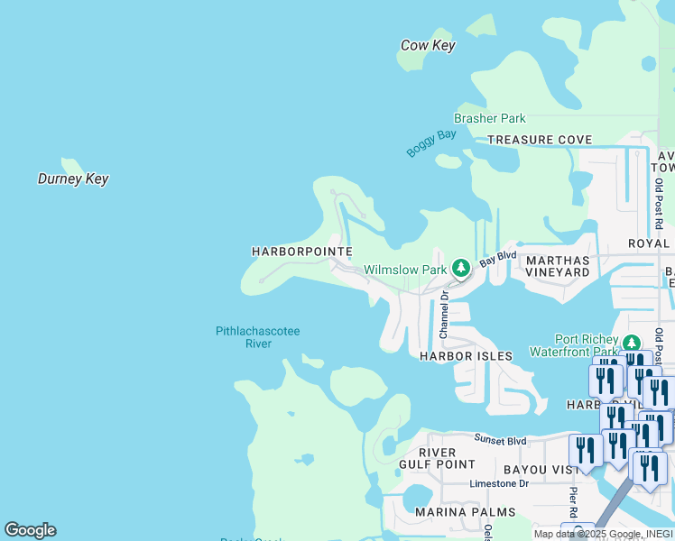 map of restaurants, bars, coffee shops, grocery stores, and more near 4512 Harborpointe Drive in Port Richey