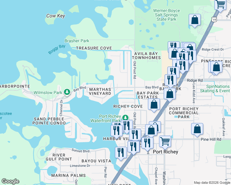 map of restaurants, bars, coffee shops, grocery stores, and more near 8413 Damen Lane in Port Richey