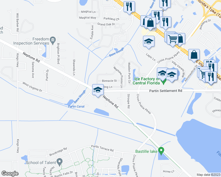 map of restaurants, bars, coffee shops, grocery stores, and more near 2057 Bearing Lane in Kissimmee