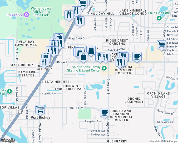map of restaurants, bars, coffee shops, grocery stores, and more near 6208 Ridge Road in Port Richey