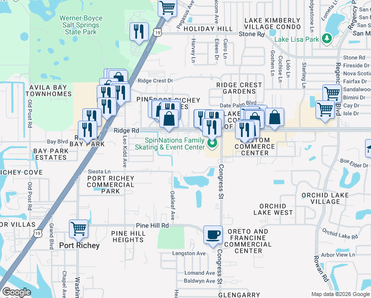 map of restaurants, bars, coffee shops, grocery stores, and more near 8414 Formel Avenue in Port Richey