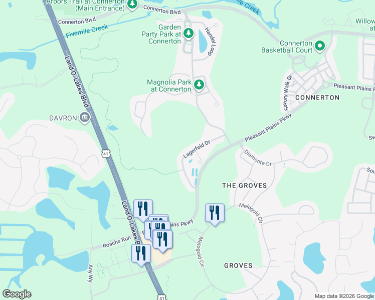 map of restaurants, bars, coffee shops, grocery stores, and more near 8331 Lagerfeld Drive in Land O' Lakes