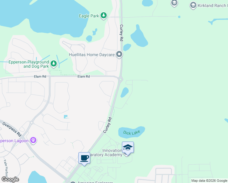 map of restaurants, bars, coffee shops, grocery stores, and more near Curley Road in Wesley Chapel