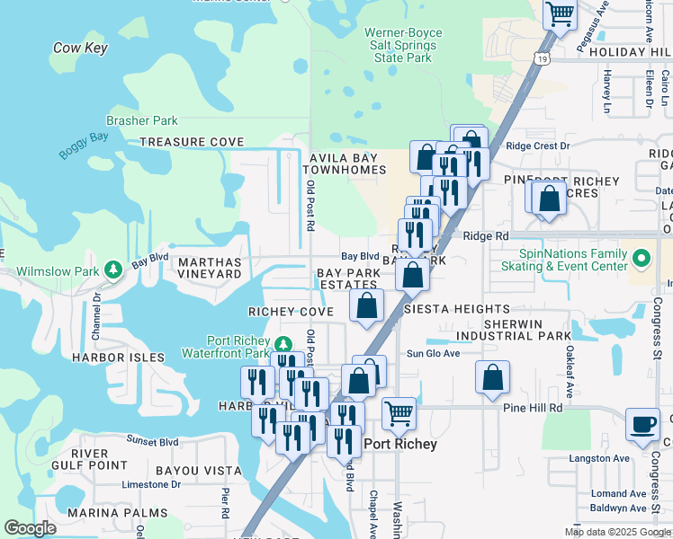map of restaurants, bars, coffee shops, grocery stores, and more near 5537 Quist Drive in Port Richey