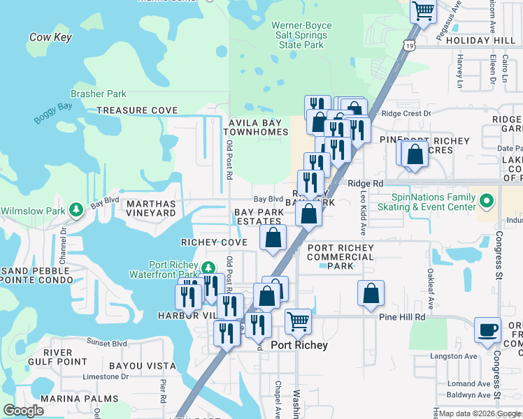 map of restaurants, bars, coffee shops, grocery stores, and more near 5609 Quist Drive in Port Richey
