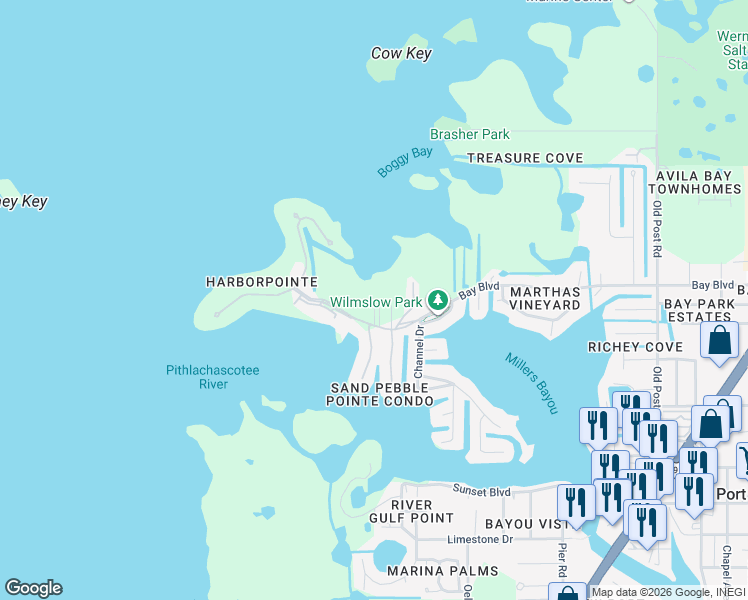 map of restaurants, bars, coffee shops, grocery stores, and more near 4733 Bay Boulevard in Port Richey