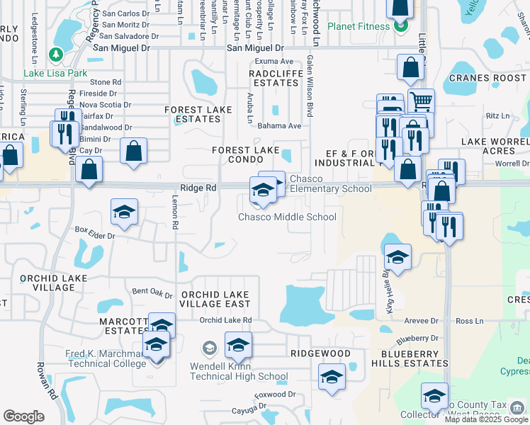 map of restaurants, bars, coffee shops, grocery stores, and more near 7906 Ridge Road in Port Richey
