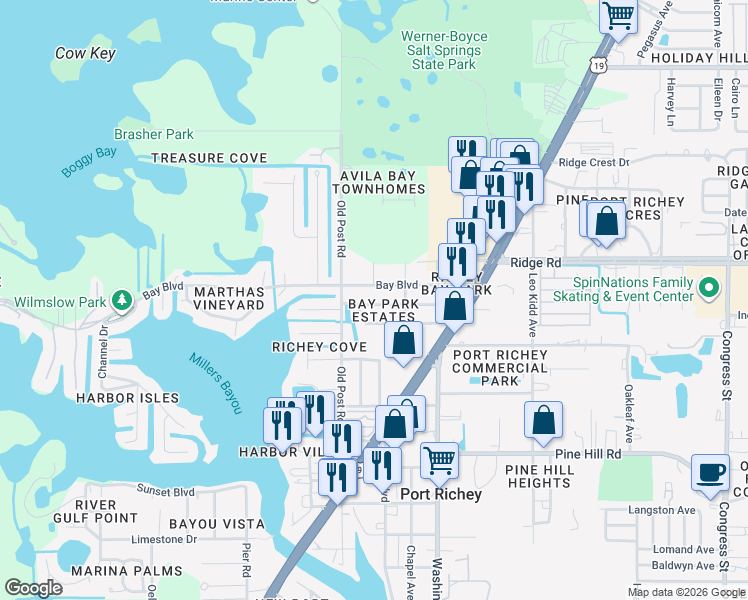 map of restaurants, bars, coffee shops, grocery stores, and more near 5602 Bay Boulevard in Port Richey