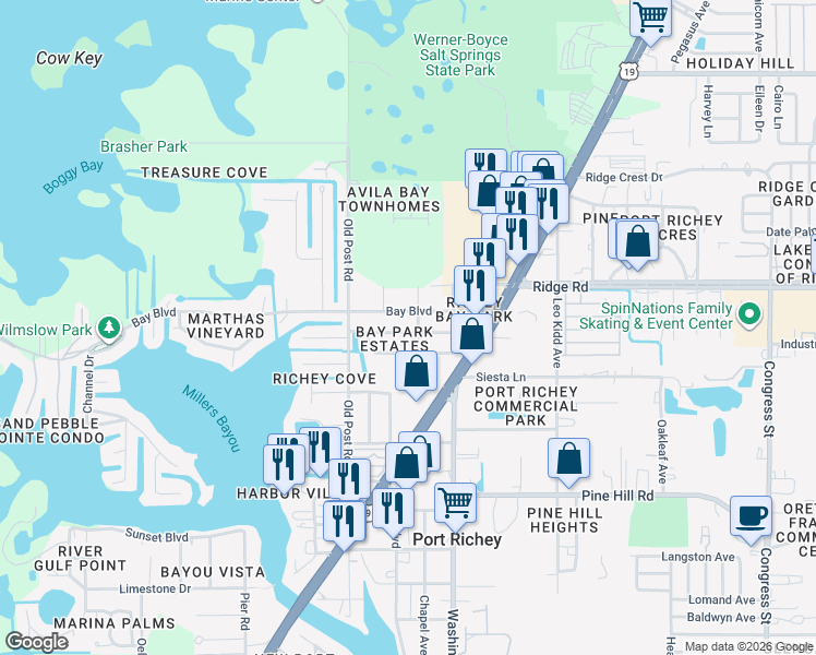 map of restaurants, bars, coffee shops, grocery stores, and more near 5602 Bay Boulevard in Port Richey