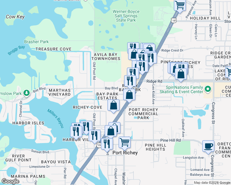 map of restaurants, bars, coffee shops, grocery stores, and more near 5700 Bay Boulevard in Port Richey
