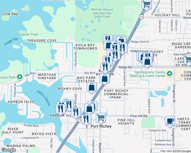 map of restaurants, bars, coffee shops, grocery stores, and more near 5700 Bay Boulevard in Port Richey