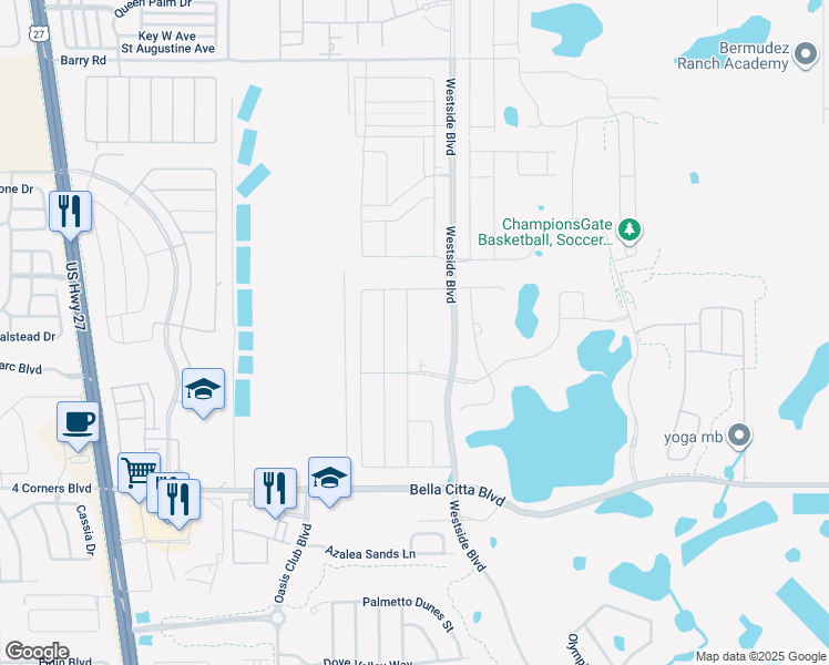 map of restaurants, bars, coffee shops, grocery stores, and more near Westside Boulevard in Four Corners