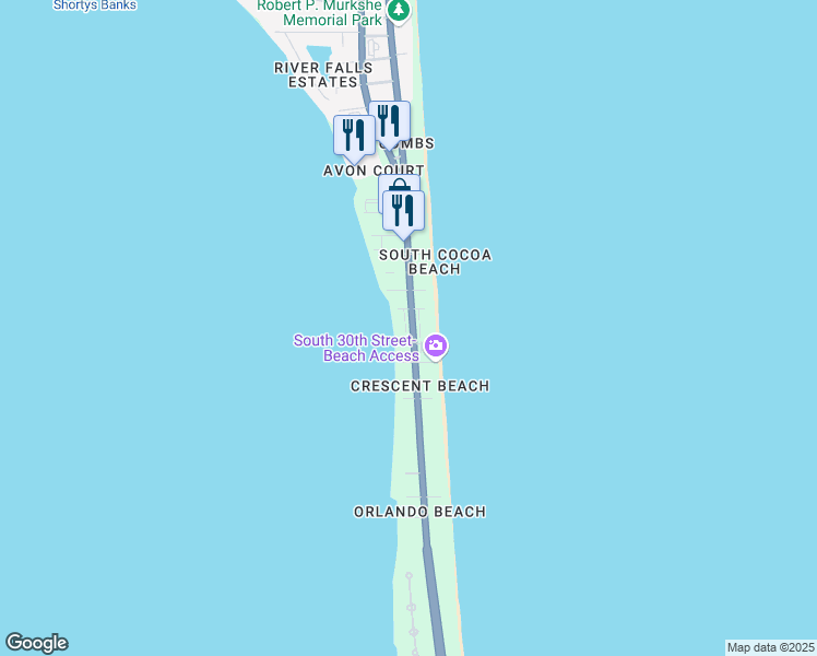 map of restaurants, bars, coffee shops, grocery stores, and more near 2850 South Atlantic Avenue in Cocoa Beach