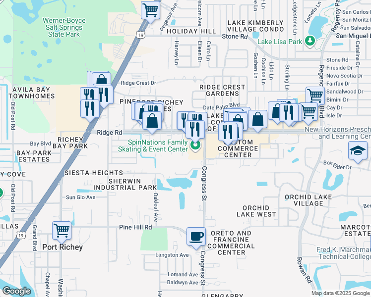 map of restaurants, bars, coffee shops, grocery stores, and more near 6436 Congress Street in Port Richey