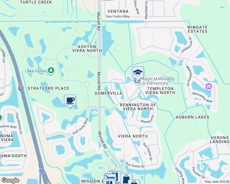 map of restaurants, bars, coffee shops, grocery stores, and more near 5290 Somerville Drive in Rockledge
