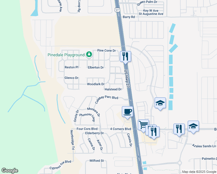 map of restaurants, bars, coffee shops, grocery stores, and more near 129 Hanna Lane in Davenport