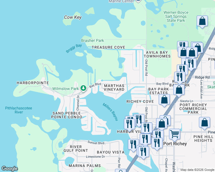 map of restaurants, bars, coffee shops, grocery stores, and more near 5122 Bay Boulevard in Port Richey