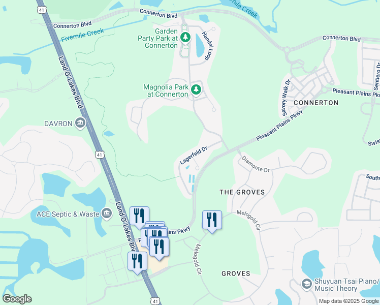 map of restaurants, bars, coffee shops, grocery stores, and more near 8349 Lagerfeld Drive in Land O' Lakes