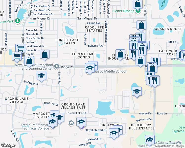 map of restaurants, bars, coffee shops, grocery stores, and more near 7906 Ridge Road in Port Richey