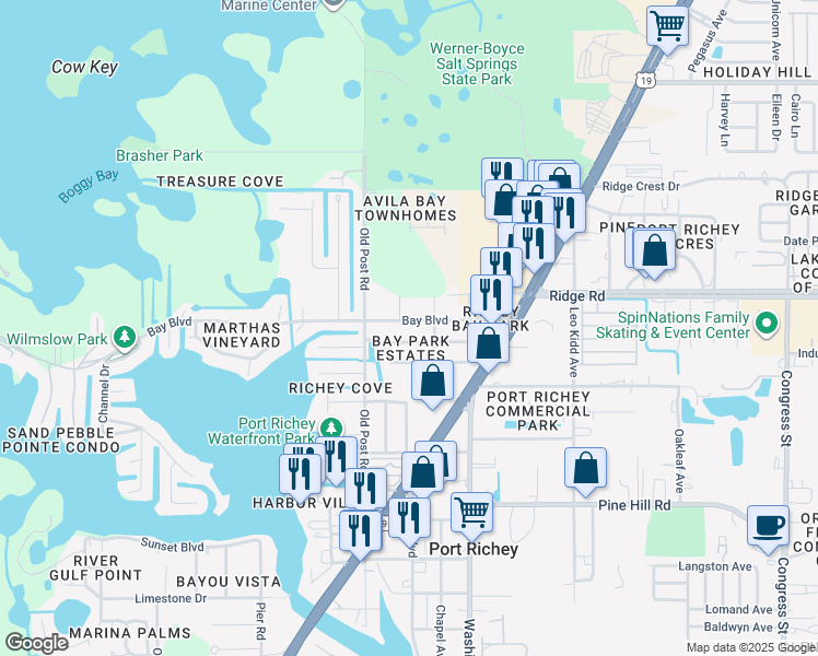 map of restaurants, bars, coffee shops, grocery stores, and more near 5602 Bay Boulevard in Port Richey