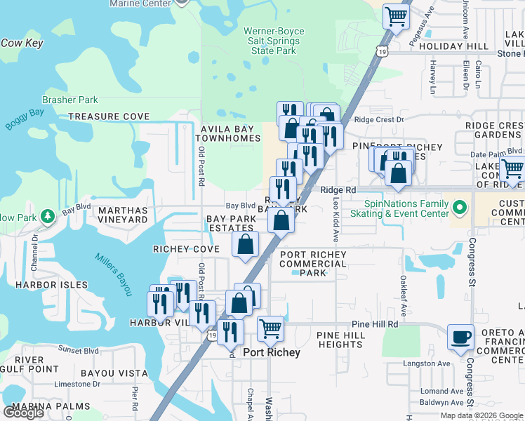 map of restaurants, bars, coffee shops, grocery stores, and more near 5700 Bay Boulevard in Port Richey