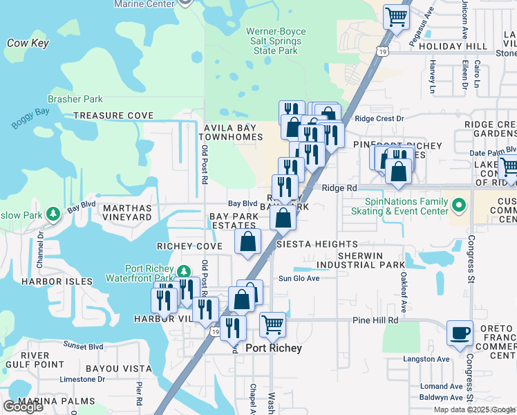 map of restaurants, bars, coffee shops, grocery stores, and more near 5700 Bay Boulevard in Port Richey
