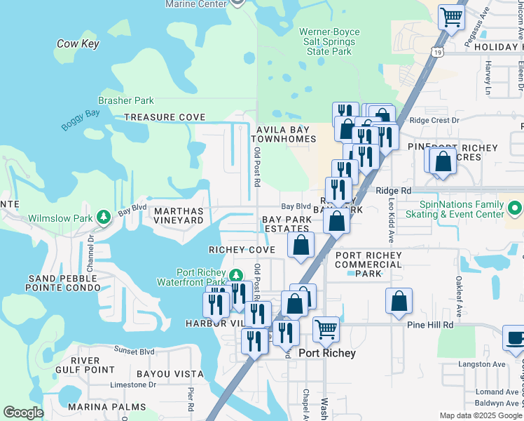 map of restaurants, bars, coffee shops, grocery stores, and more near 5506 Bay Blvd in Port Richey