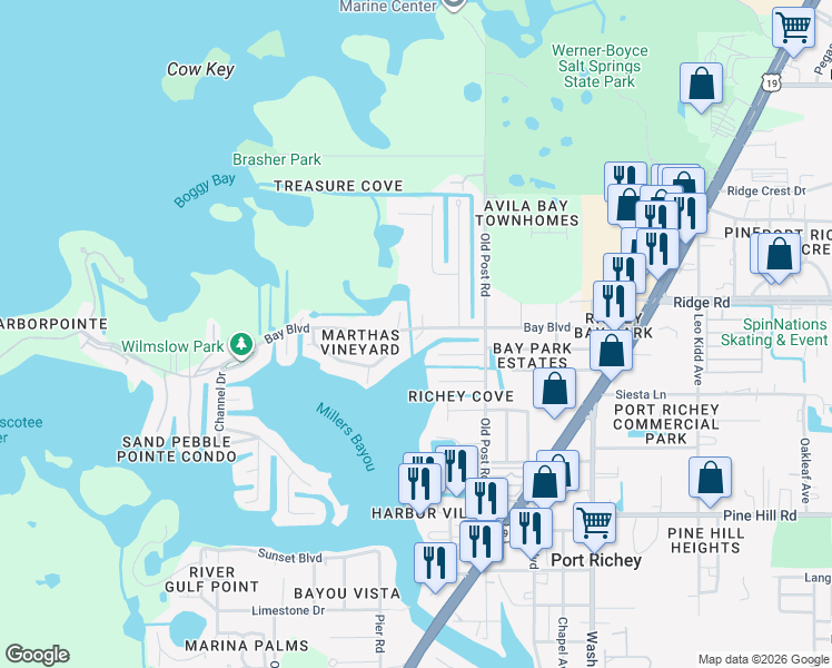map of restaurants, bars, coffee shops, grocery stores, and more near 8413 Damen Lane in Port Richey