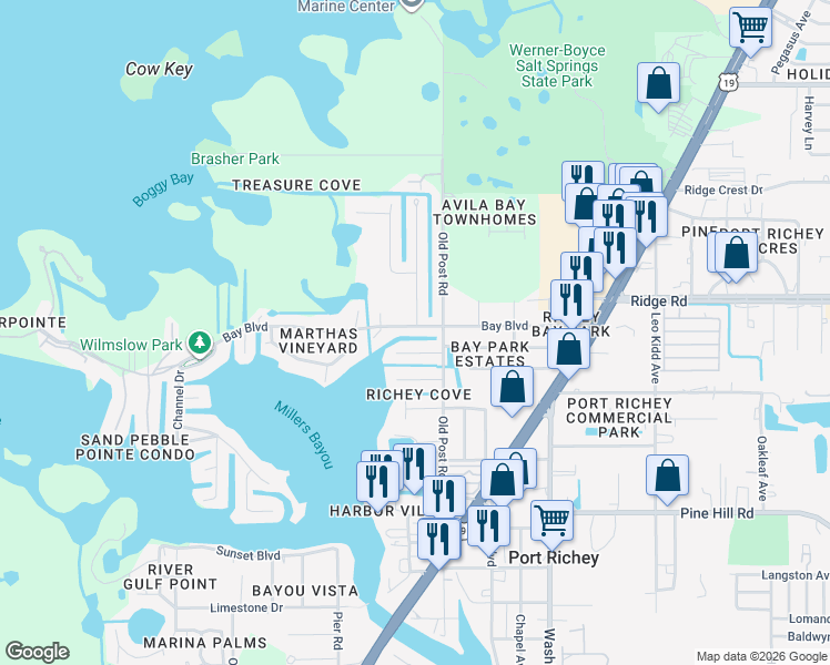 map of restaurants, bars, coffee shops, grocery stores, and more near 5414 Bay Boulevard in Port Richey