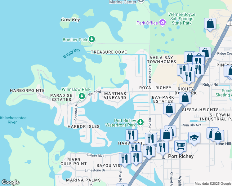 map of restaurants, bars, coffee shops, grocery stores, and more near 5148 Bay Boulevard in Port Richey
